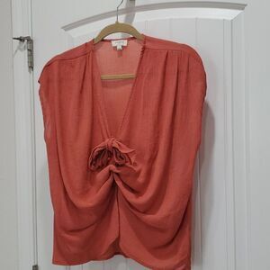 Umgee Womans Rust Tie Front Cap Sleeve Ruched Shirt Large